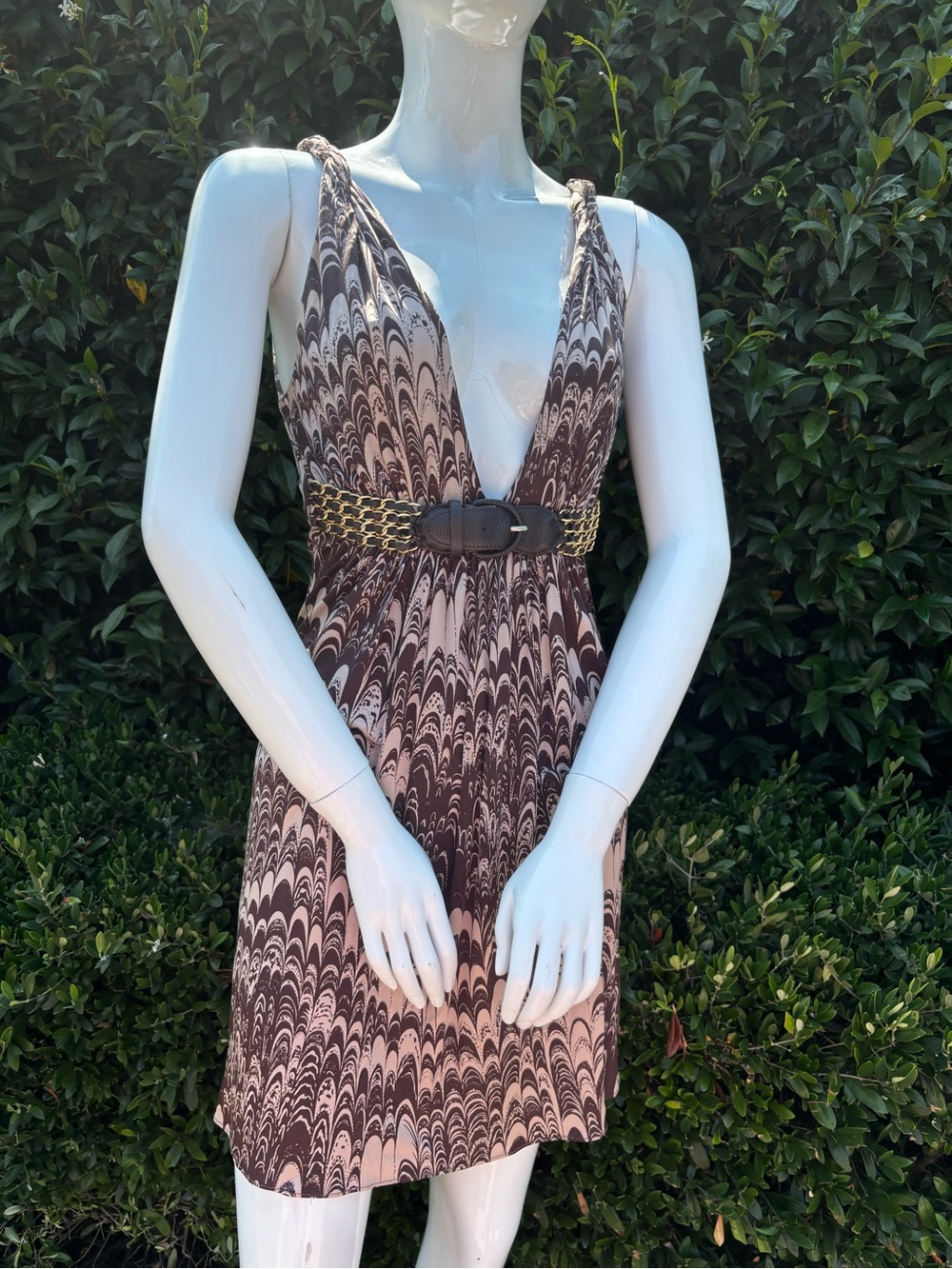 Y2K Silk Mini Brown and Cream Plunging V-Neck Dress with waist belt - Picture 10 of 11